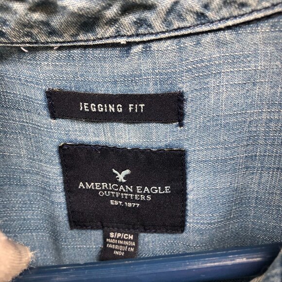 American Eagle Jegging Fit Popover Top Womens S Pintuck Chambray Lyocell - Picture 5 of 9
